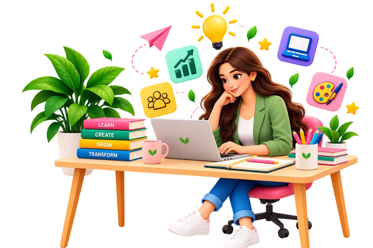 Colorful illustration of a woman learning with a laptop, representing creativity, AI skills and professional growth.